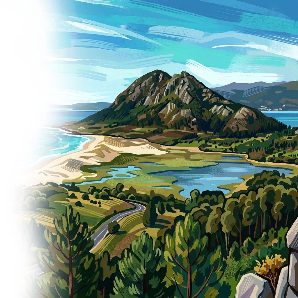 An illustration of the Galician coast, with Monte Louro above a long Atlantic beach