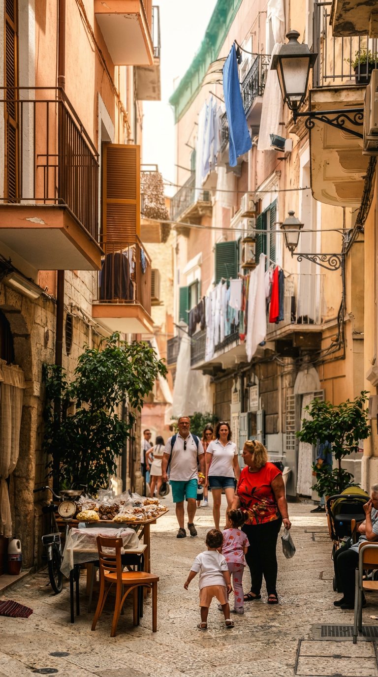 People walking a narrow Bari street with laundry strung between the balconies