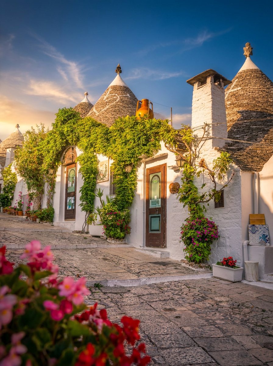 Whitewashed trulli houses with conical stone roofs in Alberobello