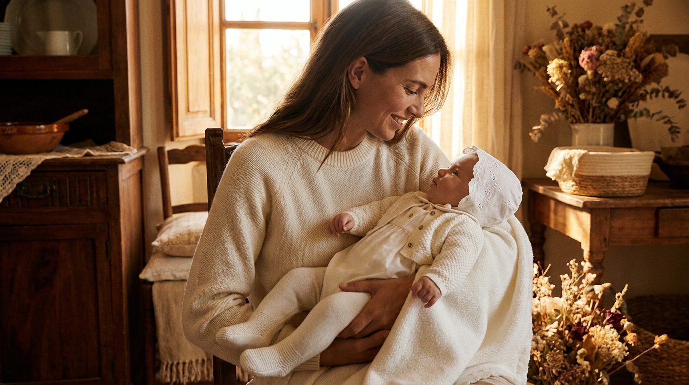 A mother holding her baby, dressed in a knitted set and bonnet