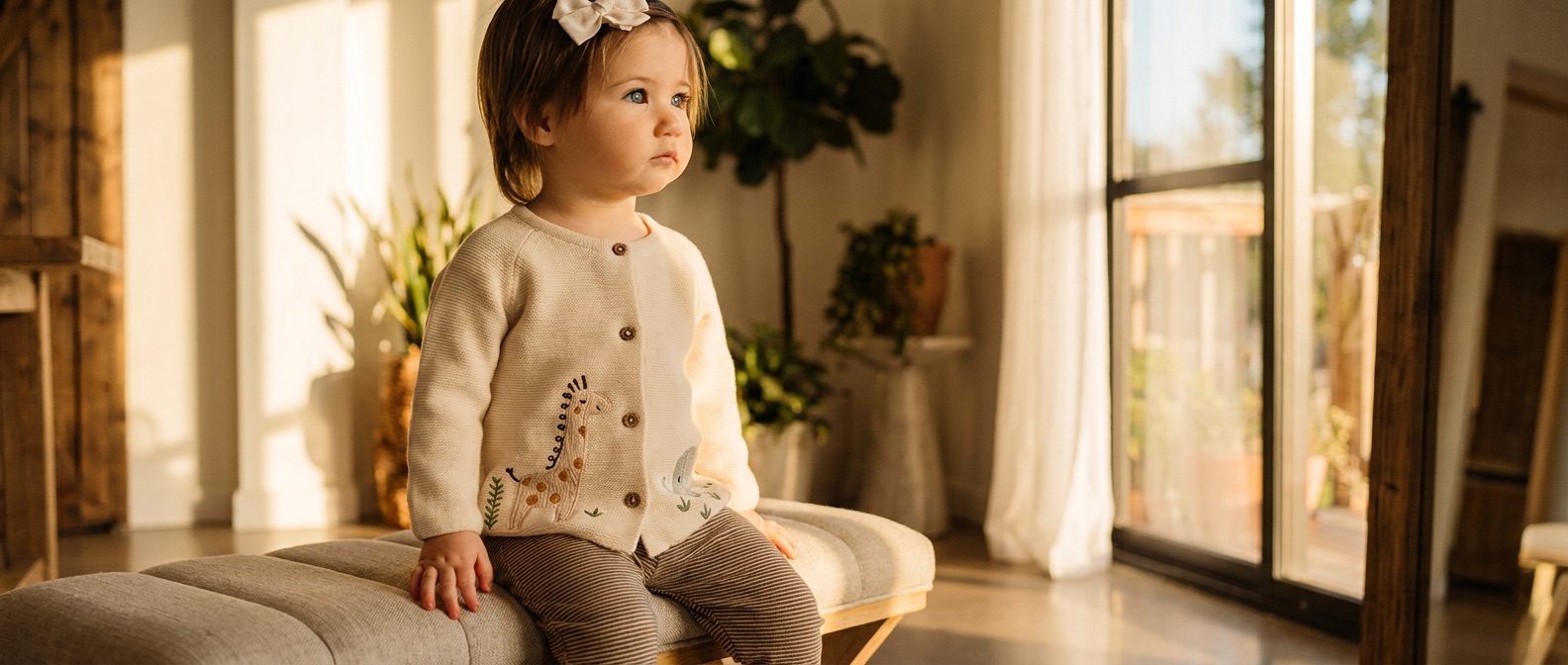 A toddler in a cream knitted cardigan in a sunlit room