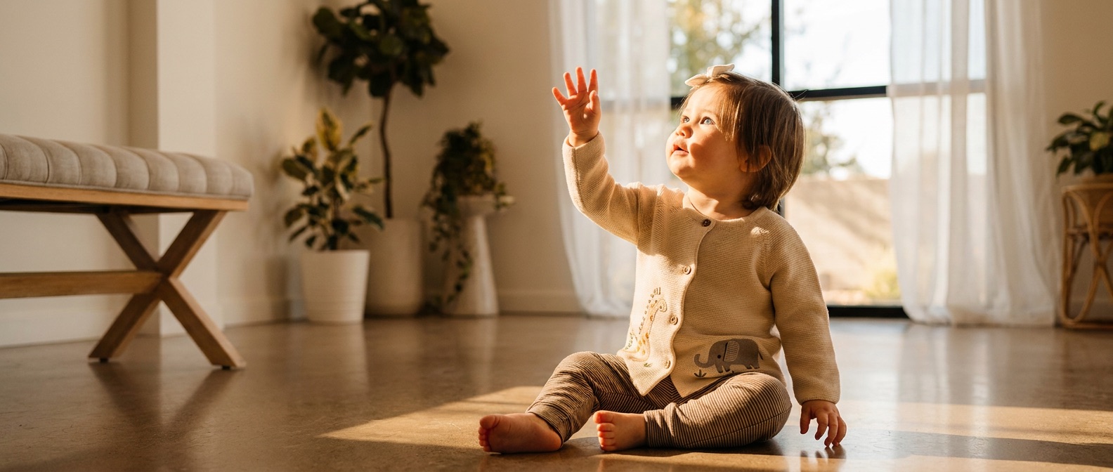 A toddler in a cream knitted cardigan in a sunlit room