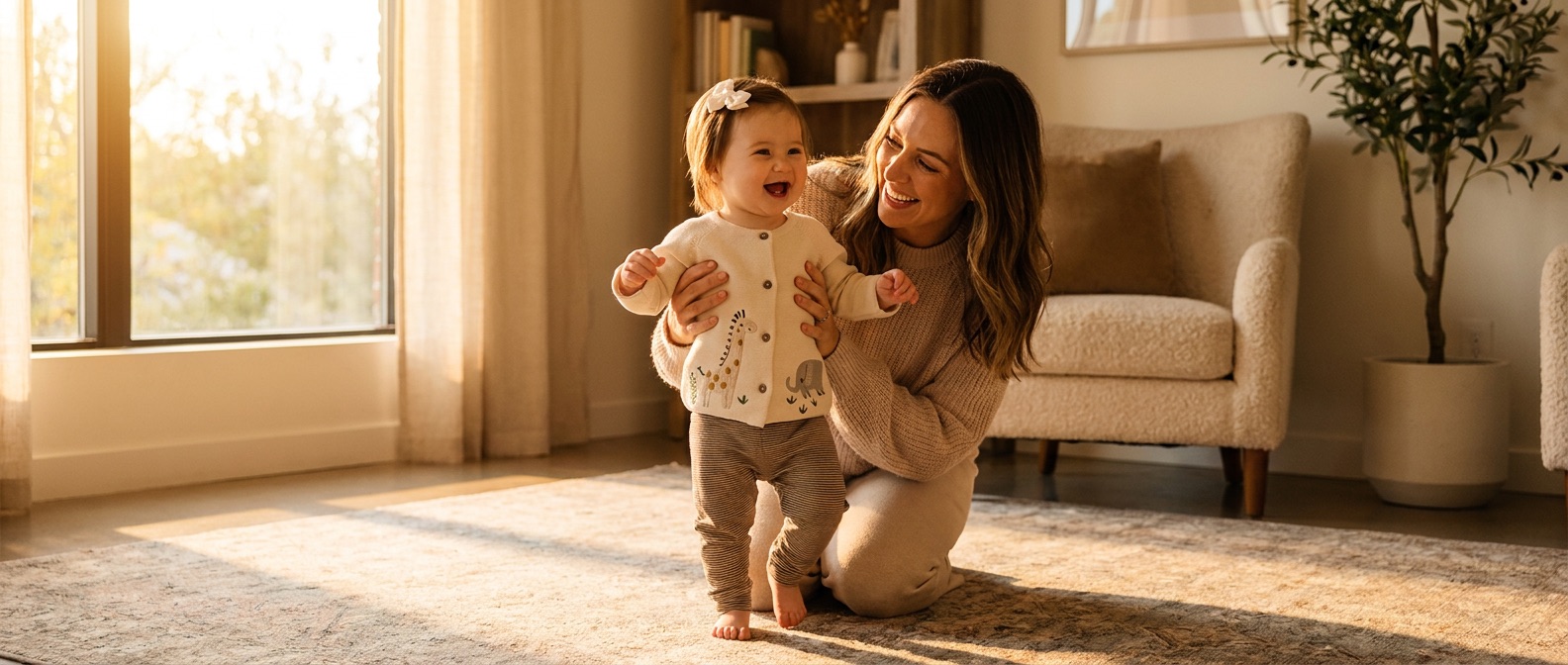 A toddler in a cream knitted cardigan in a sunlit room