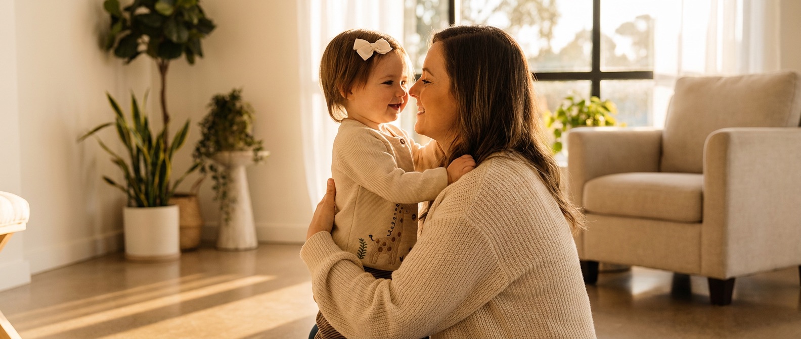 A toddler in a cream knitted cardigan in a sunlit room