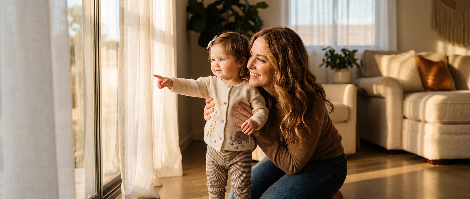 A toddler in a cream knitted cardigan in a sunlit room